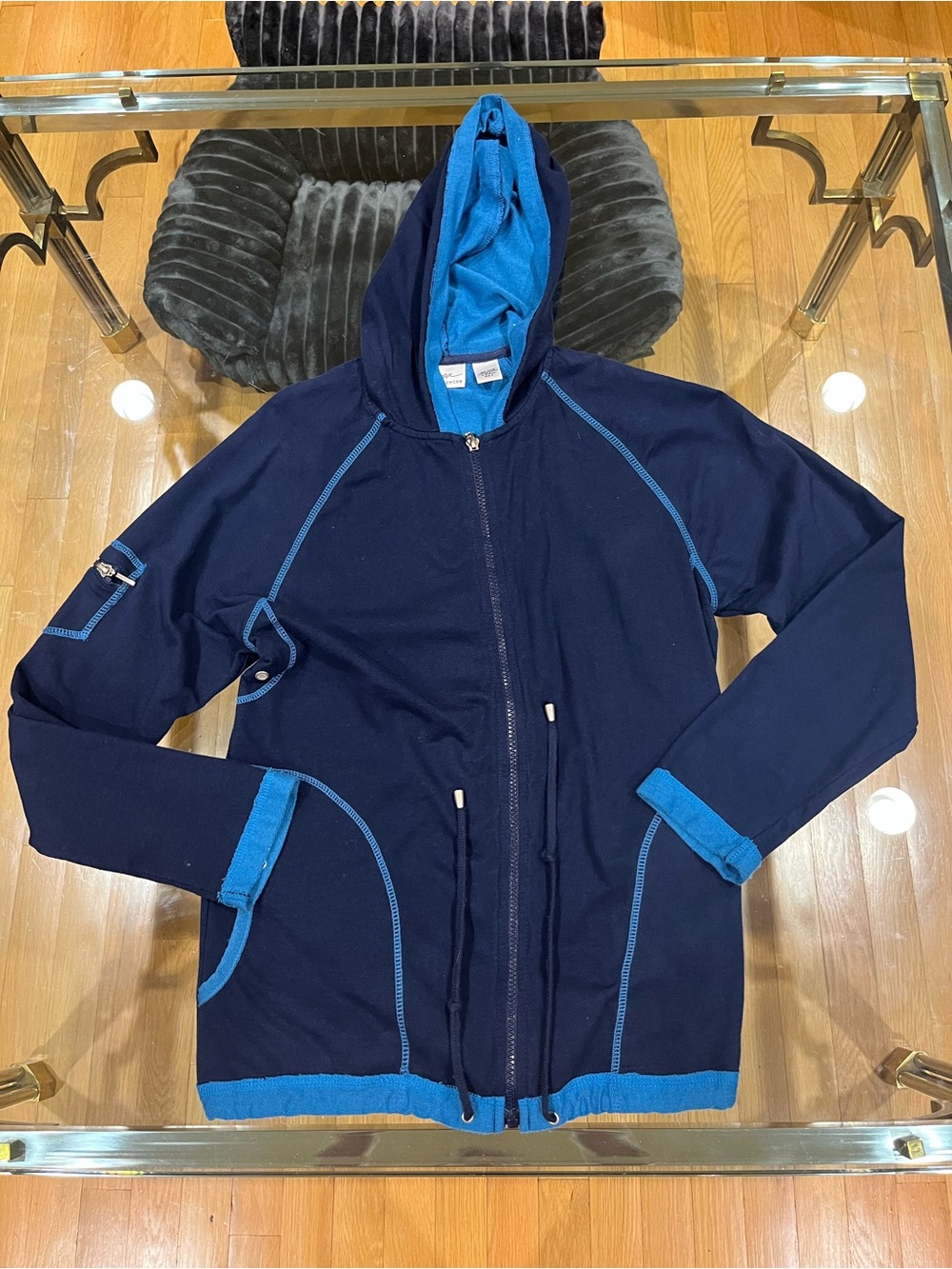 Chico's Navy and Bright Blue Hooded Zip Jacket